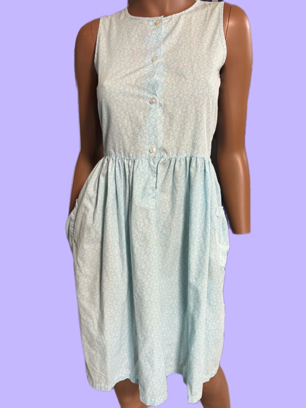 Vintage Light Blue Sleeveless Button-Front Mini Dress